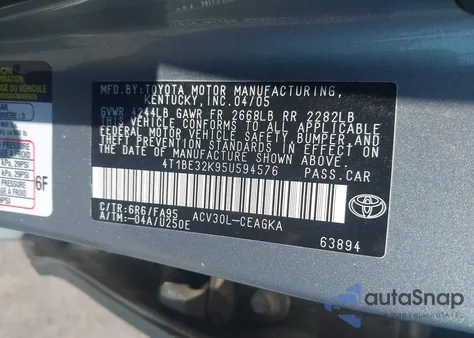 2005 Toyota Camry Xle from USA, damaged, VIN 4T1BE32K95U594576